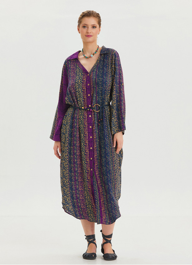 P Shirt Collar Belt Detailed Purple Patterned Long Sleeve Dress 4449